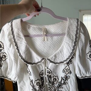 Anthropologie White Blouse with Black Floral Embroidery